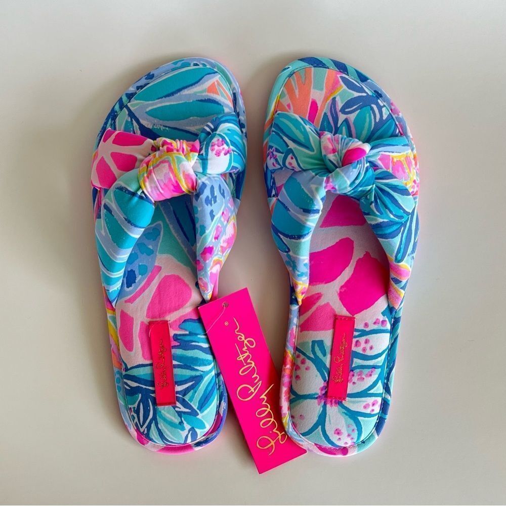 Lilly Pulitzer Pool Slippers Pink Sea Glass Aqua Rainforest Retreat S/M Size 7-8 - Picture 4 of 8